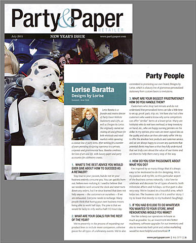 Designs by Lorise in July issue of Party & Paper Retailer magazine
